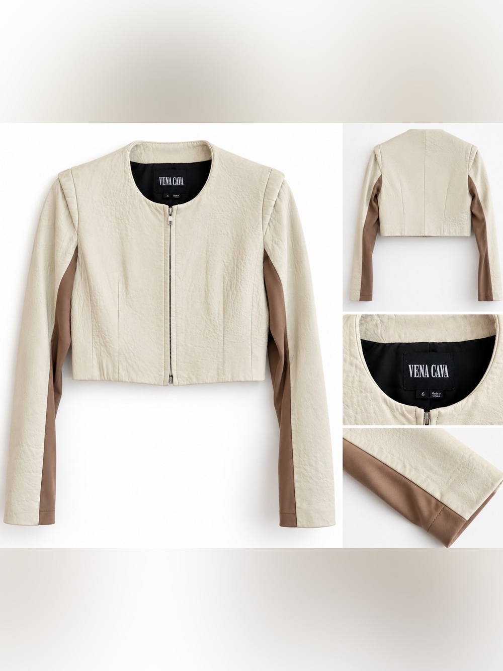 Vena Cava Cream Leather Cropped Jacket Silk Lined Colorblock Size 6